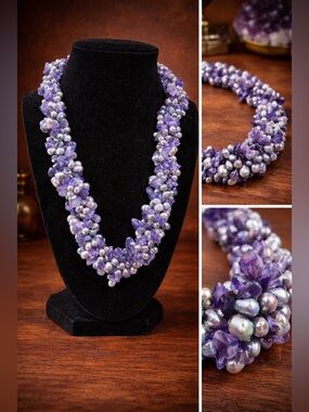 💜 Genuine Amethyst & Pearl Statement Necklace • Handcrafted Gemstone  Cluster